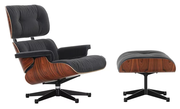 VITRA — fauteuil en cuir noir et bois avec repose-pieds